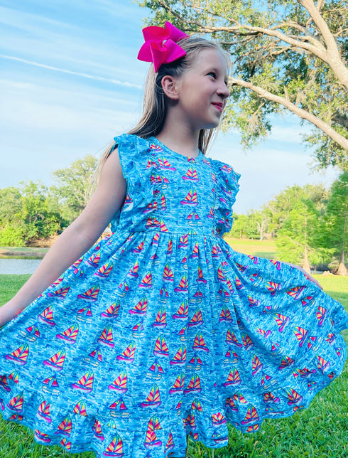 Girls Watercolor Sailboat Ruffle Twirl Dress with Matching Bow - Bowtism